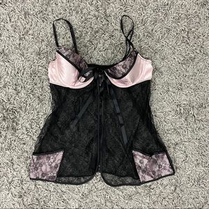 Victoria’s Secret Sexy Pink Black Lace Tie Front Lingerie Top Size 36C